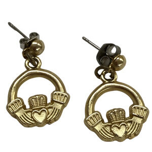 Vintage Goldtone Claddagh Pierced Post Earrings 1 1/4"drop Dangle